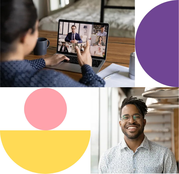 A collage of a laptop screen in a videocall, and a happy man
