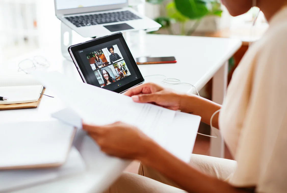 A close shot of a tablet in a videocall