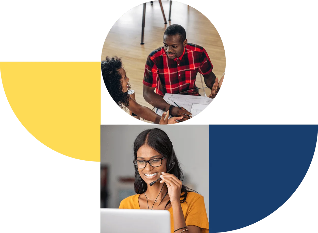 Collage of a couple working together and a woman with a headset